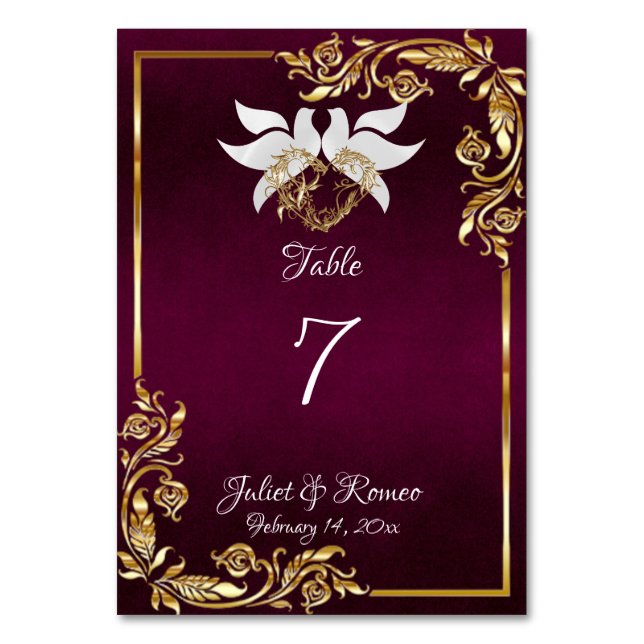 Doves, Heart & Gold Frame on Dark Purple Table Number (Front)