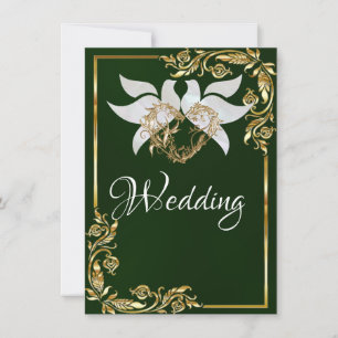 Doves, Heart & Gold Frame on Emerald Green Invitation