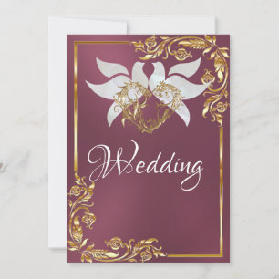 Doves, Heart & Gold Frame on Purple Invitation