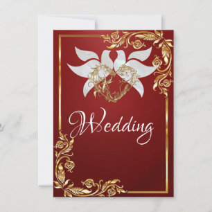 Doves, Heart & Gold Frame on Ruby Red Invitation
