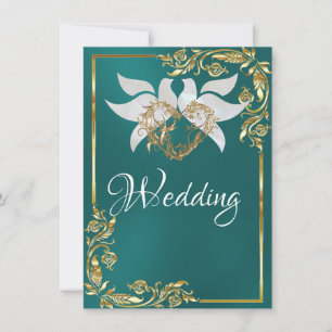 Doves, Heart & Gold Frame on Teal Invitation
