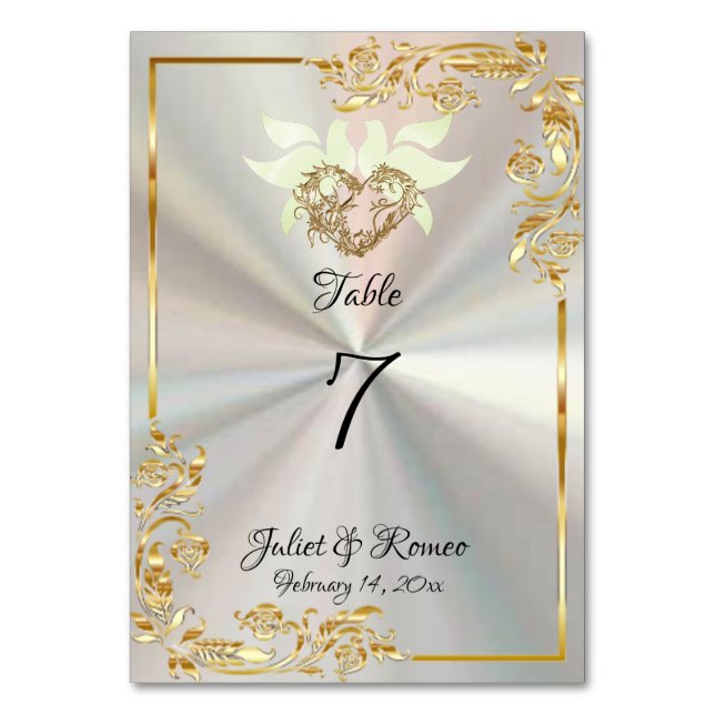 Doves, Heart & Gold Frame on White Pearl Table Number (Front)