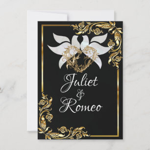 Doves, Heart, & Gold Leaves on Black Invitation