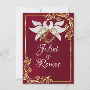 Doves, Heart, & Gold Leaves on Burgundy Invitation