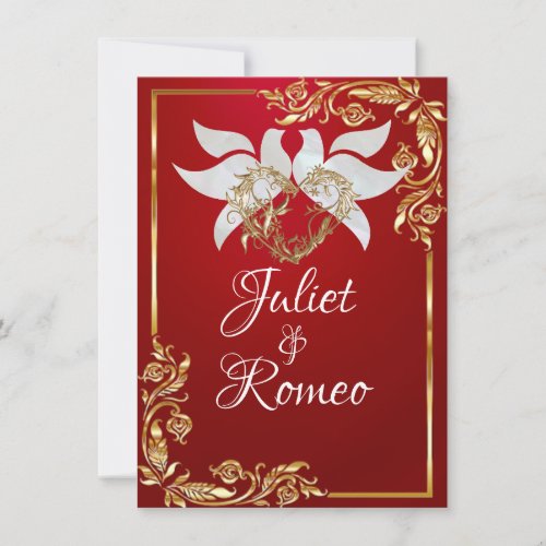 Doves Heart  Gold Leaves on Crimson Red Invitation