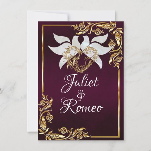 Doves Heart  Gold Leaves on Royal Purple Invitation