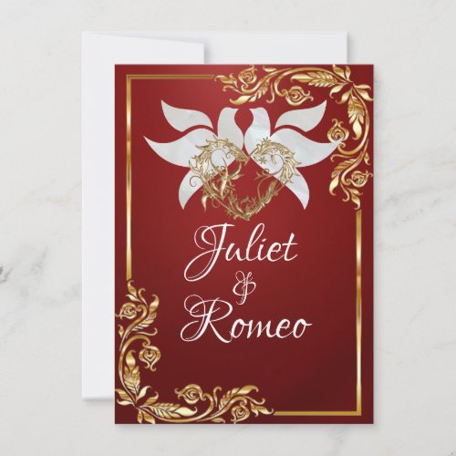 Doves Heart  Gold Leaves on Ruby Red Invitation
