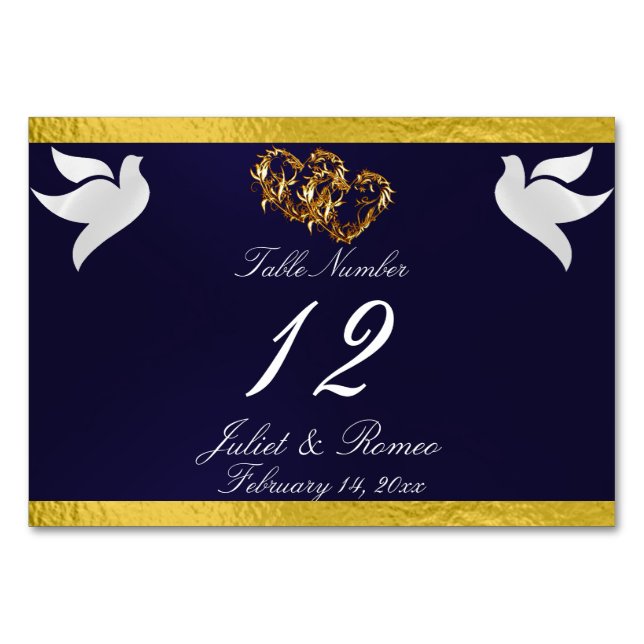 Doves & Heart - Navy Blue/Gold Table Number (Front)