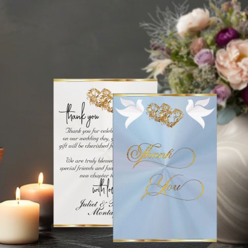 Doves & Hearts - Blue/Gold Thank You Card