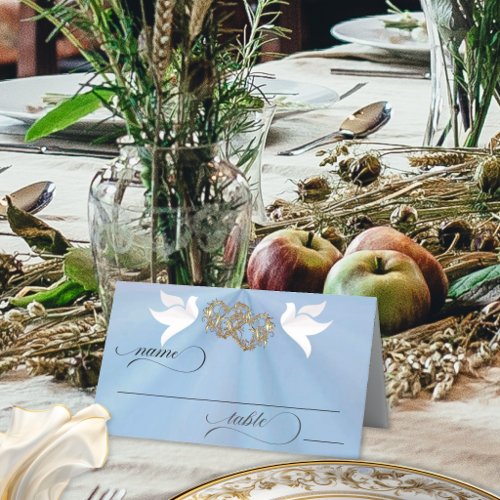 Doves & Hearts - Blue Pearl/Gold Place Card