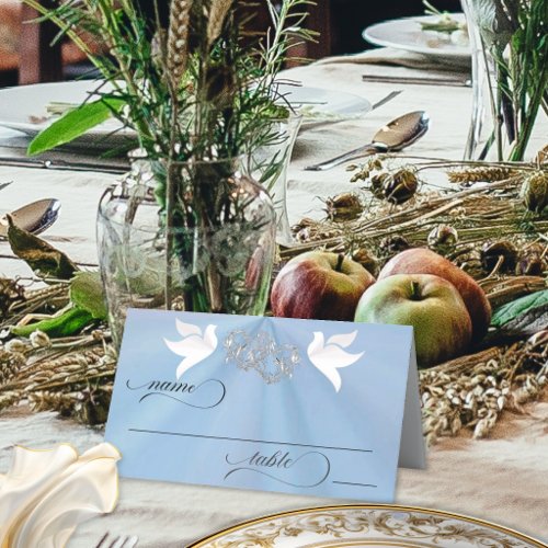 Doves & Hearts - Blue Pearl/Silver Place Card