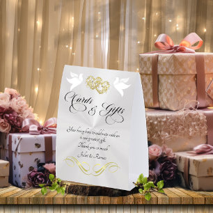 Doves & Hearts Cards & Gifts - White Pearl/Gold Paper Table Tent