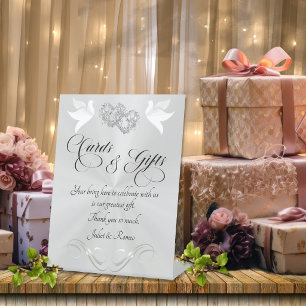 Doves & Hearts Cards & Gifts - White Pearl/Silver Pedestal Sign