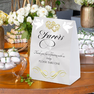 Doves & Hearts Favors - White Pearl/Gold Paper Table Tent