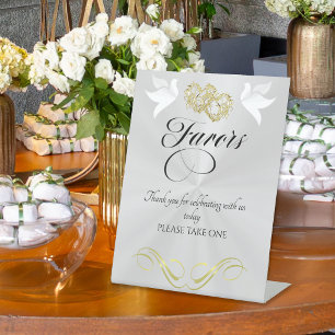 Doves & Hearts Favors - White Pearl/Gold Pedestal Sign