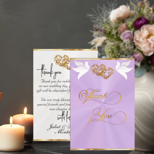 Doves & Hearts - Lavender/Gold Thank You Card