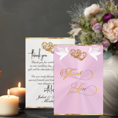 Doves & Hearts - Pink/Gold Thank You Card