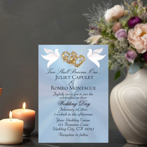 Doves, Hearts, QR Code - Pastel Blue/Gold Invitation