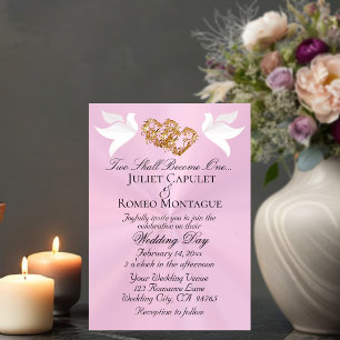 Doves, Hearts, QR Code - Pastel Pink/Gold Invitation