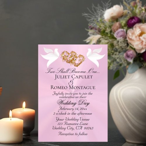 Doves, Hearts, QR Code - Pastel Pink/Gold Invitation