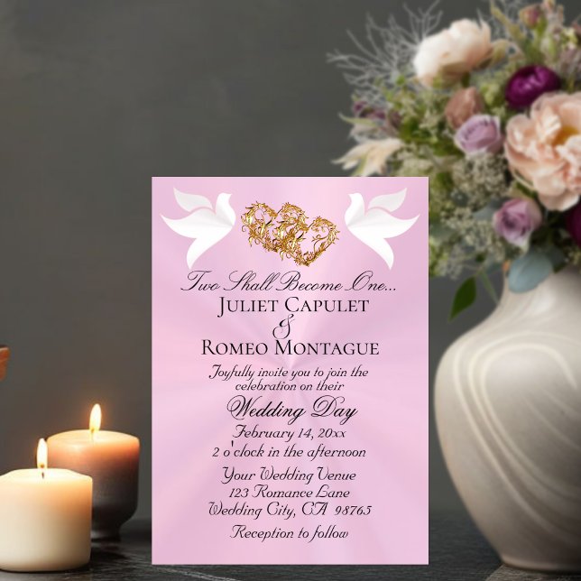 Doves, Hearts, QR Code - Pastel Pink/Gold Invitation (Creator Uploaded)