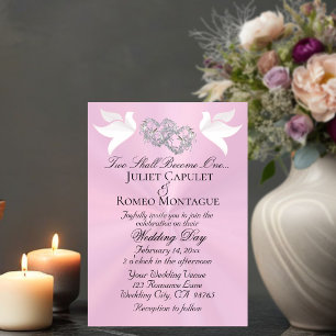 Doves, Hearts, QR Code - Pastel Pink/Silver Invitation