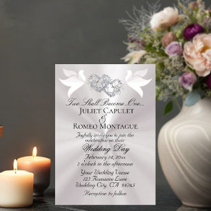 Doves, Hearts, QR Code - Pearl White/Silver Invitation