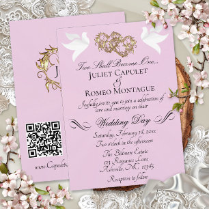 Doves, Hearts, QR Code - Pink Pearl/Gold Invitation