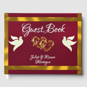 Doves, Hearts & Ribbon - Burgundy/Gold Guest Book