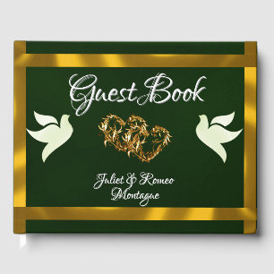 Doves, Hearts & Ribbon - Emerald/Gold Guest Book