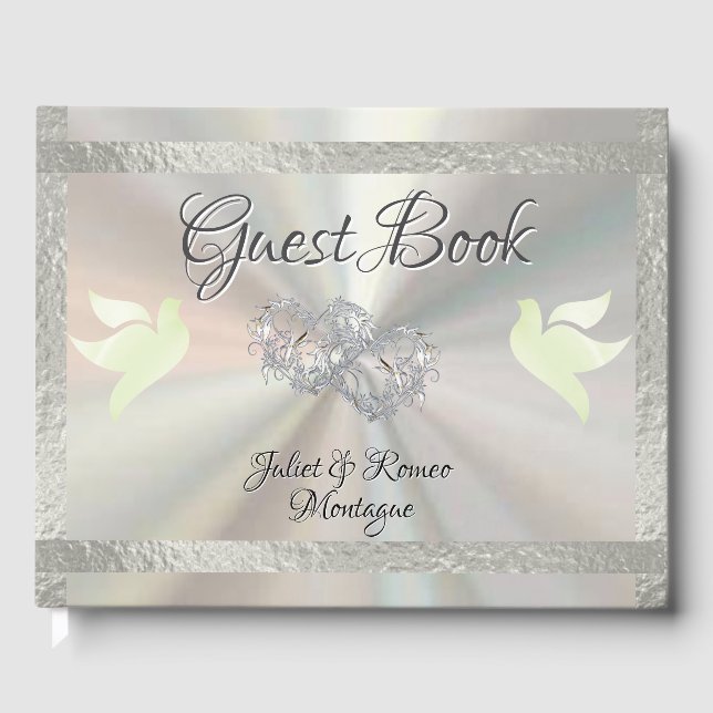 Doves, Hearts & Ribbon - Pearl White/Silver Guest Book (Front)