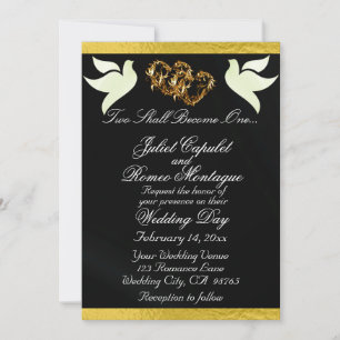 Doves, Hearts & Ribbon, QR Code - Black/Gold Invitation
