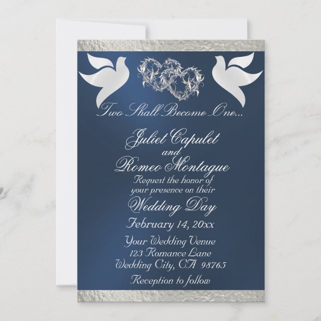 Doves, Hearts & Ribbon, QR Code - Blue/Silver Invitation (Front)