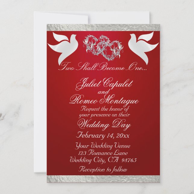 Doves, Hearts & Ribbon, QR Code - Crimson/Silver Invitation (Front)