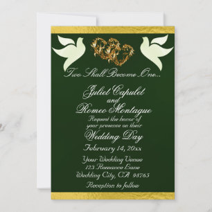 Doves, Hearts & Ribbon, QR Code - Emerald/Gold Invitation