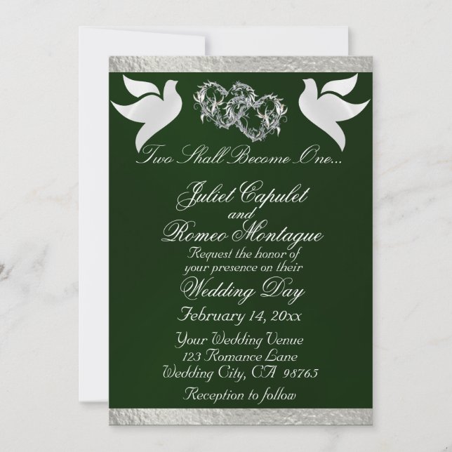 Doves, Hearts & Ribbon, QR Code - Emerald/Silver Invitation (Front)