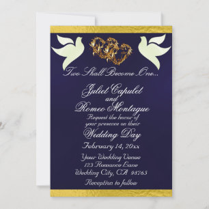 Doves, Hearts & Ribbon, QR Code - Navy Blue/Gold Invitation