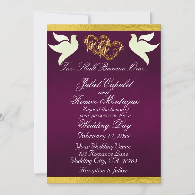 Doves, Hearts & Ribbon, QR Code - Purple/Gold Invitation (Front)
