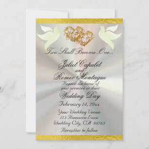 Doves, Hearts & Ribbon, QR Code - White/Gold Invitation