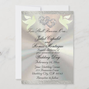 Doves, Hearts & Ribbon, QR Code - White/Silver Invitation