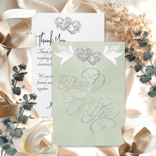 Doves & Hearts - Sage Pearl/Silver Thank You Card