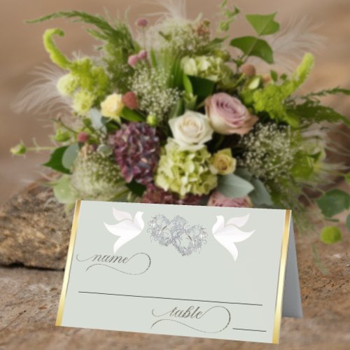 Doves & Hearts - Silver/Sage Place Card