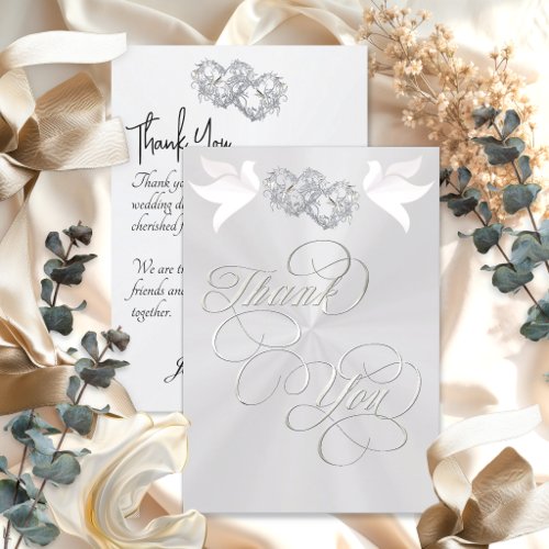 Doves & Hearts - White Pearl/Silver Thank You Card