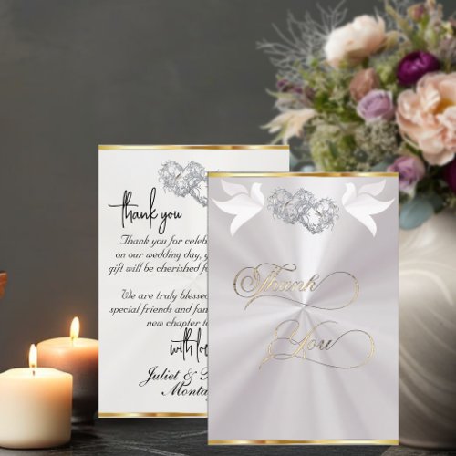 Doves & Hearts - White/Silver Thank You Card