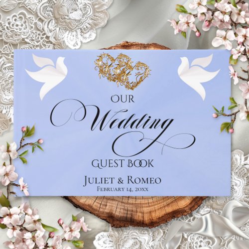 Doves & Linked Hearts - Blue Pearl/Gold Guest Book