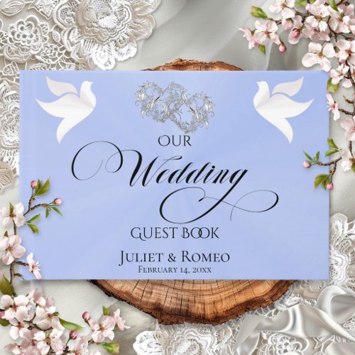 Doves & Linked Hearts - Blue Pearl/Silver Guest Book