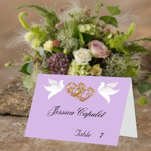 Doves & Linked Hearts Gold/Lavender Place Card