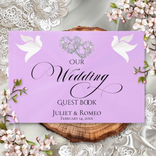 Doves & Linked Hearts - Lavender Pearl/Silver Guest Book