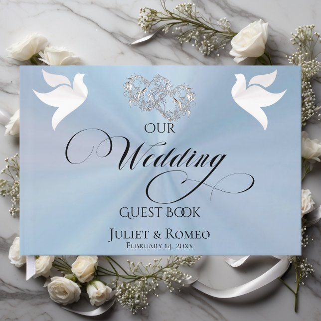 Doves & Linked Hearts - Pastel Blue/Silver Guest Book (Creator Uploaded)