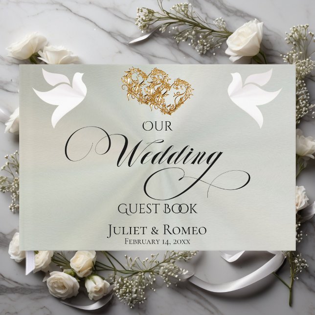 Doves & Linked Hearts - Pastel Sage/Gold Guest Book (Creator Uploaded)